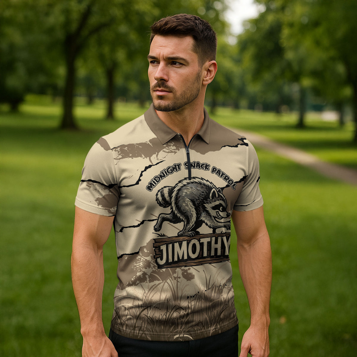 Personalized Jimothy the Raccoon Zipper Polo Shirt Midnight Snack Patrol