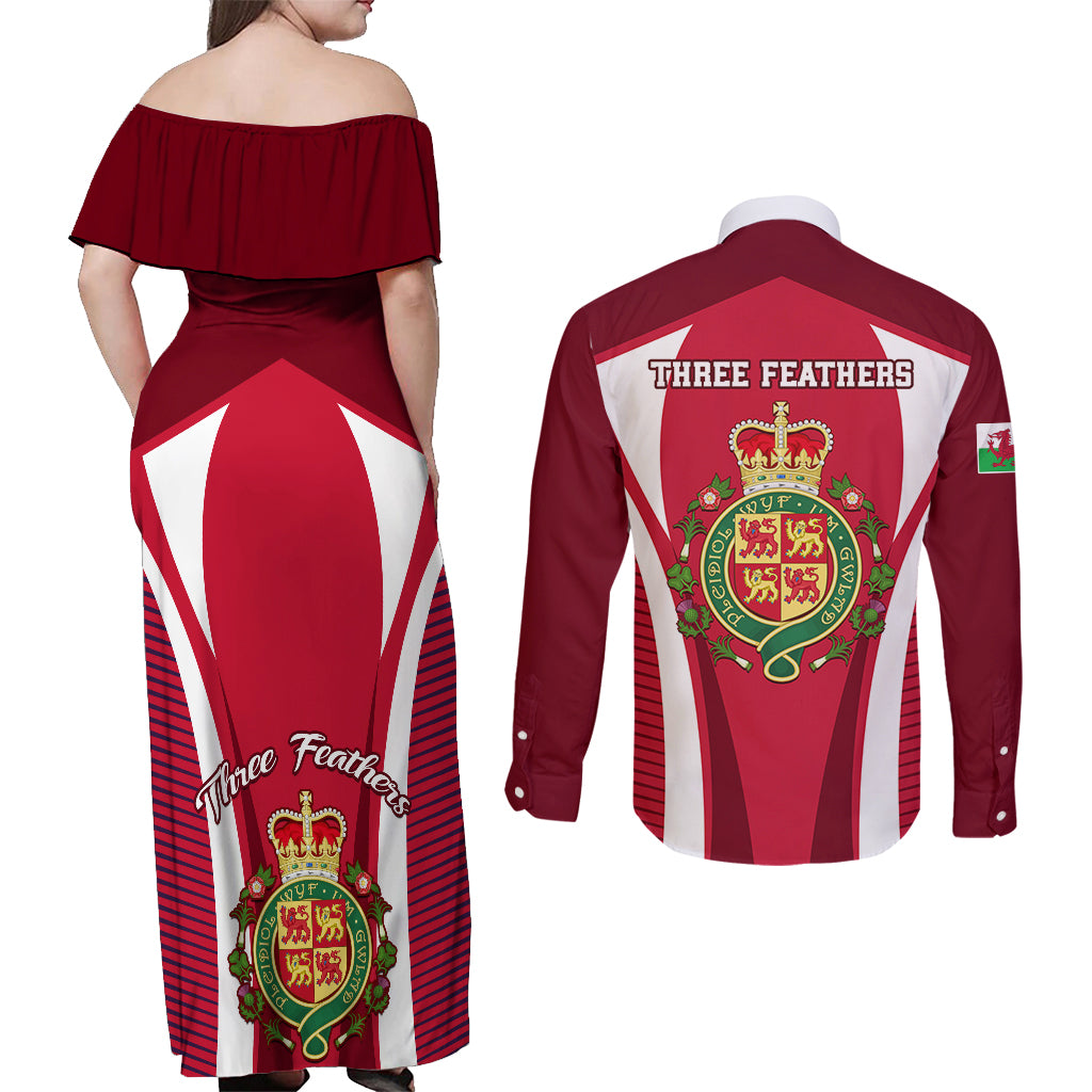 Wales Rugby Couples Matching Off Shoulder Maxi Dress and Long Sleeve Button Shirts Three Feathers Dragon 2023 World Cup - Wonder Print Shop