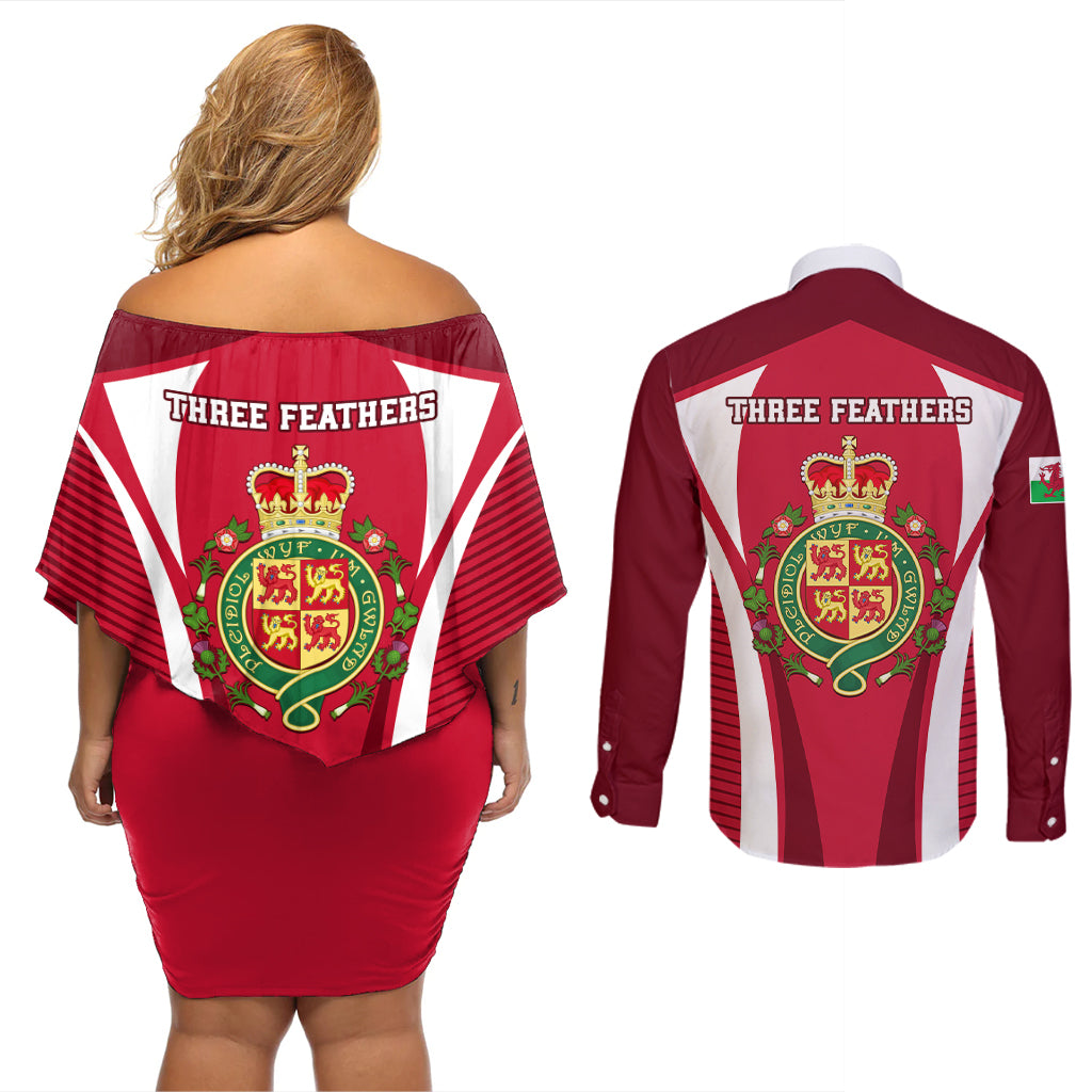 Wales Rugby Couples Matching Off Shoulder Short Dress and Long Sleeve Button Shirts Three Feathers Dragon 2023 World Cup - Wonder Print Shop