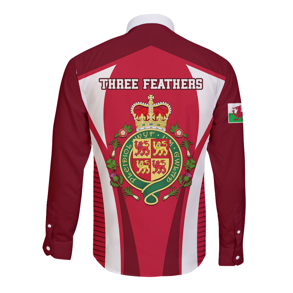 Wales Rugby Long Sleeve Button Shirt Three Feathers Dragon 2023 World Cup - Wonder Print Shop