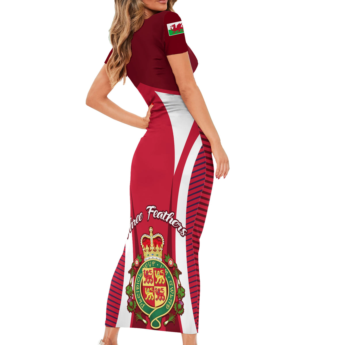 Wales Rugby Short Sleeve Bodycon Dress Three Feathers Dragon 2023 World Cup - Wonder Print Shop