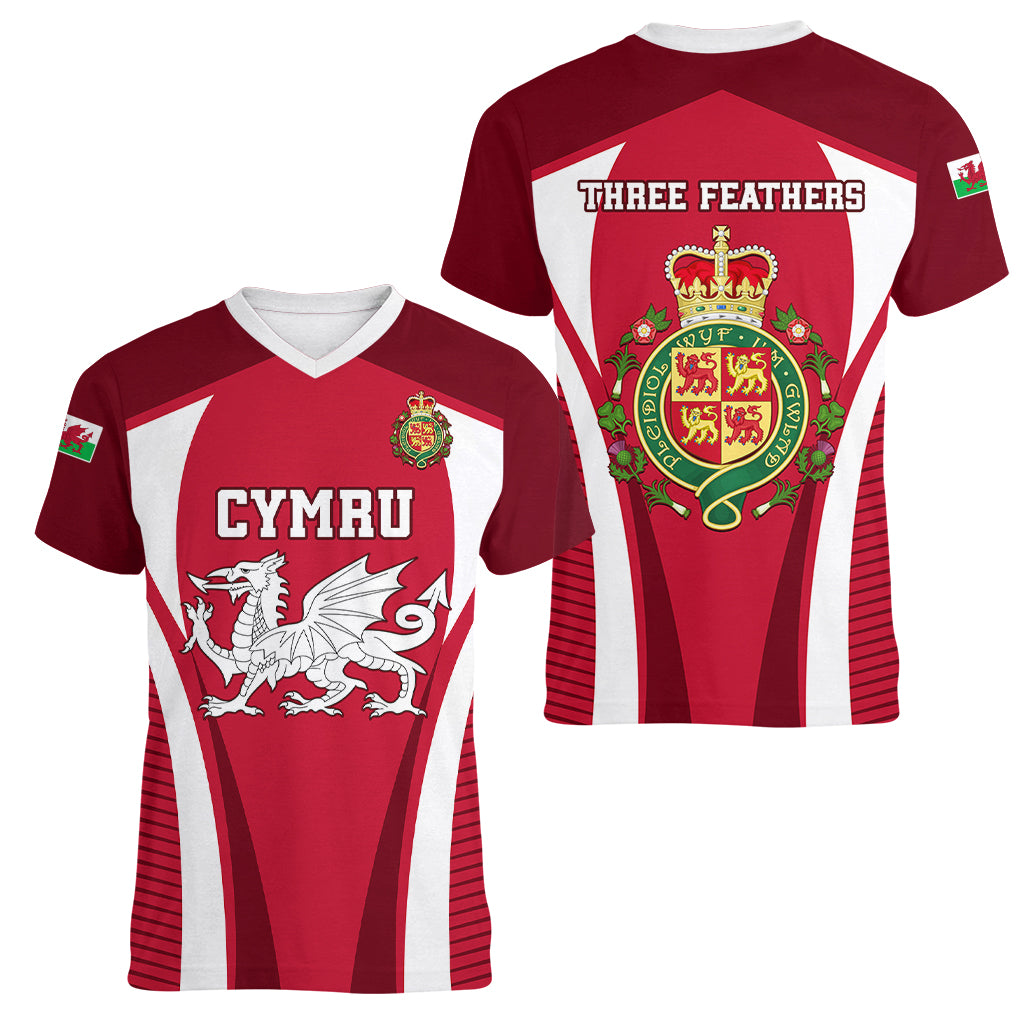 Wales Rugby Women V Neck T Shirt Three Feathers Dragon 2023 World Cup - Wonder Print Shop