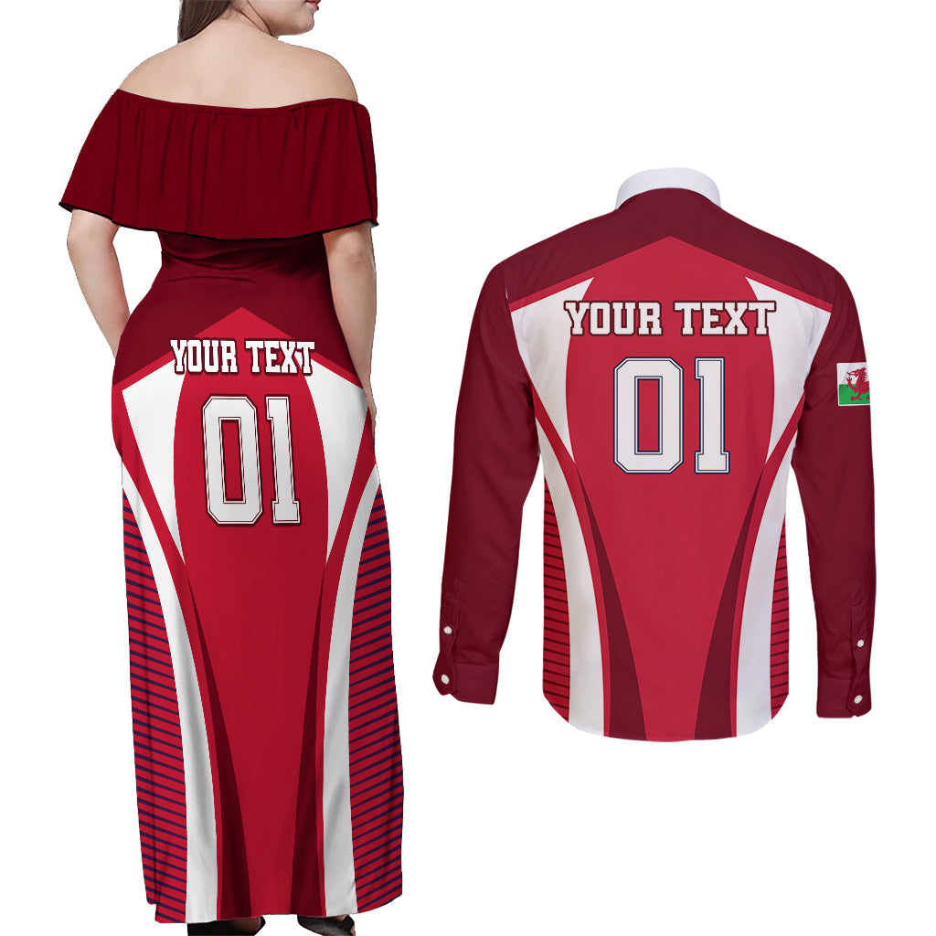 Custom Wales Rugby Couples Matching Off Shoulder Maxi Dress and Long Sleeve Button Shirts Three Feathers Dragon 2023 World Cup - Wonder Print Shop