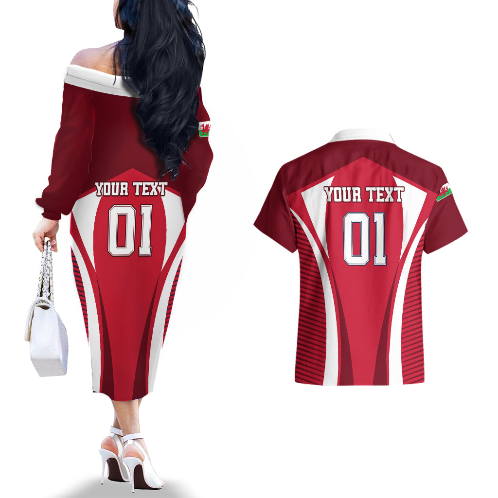 Custom Wales Rugby Couples Matching Off The Shoulder Long Sleeve Dress and Hawaiian Shirt Three Feathers Dragon 2023 World Cup - Wonder Print Shop