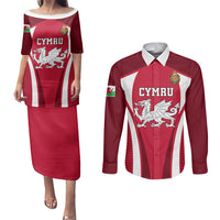 Custom Wales Rugby Couples Matching Puletasi Dress and Long Sleeve Button Shirts Three Feathers Dragon 2023 World Cup - Wonder Print Shop