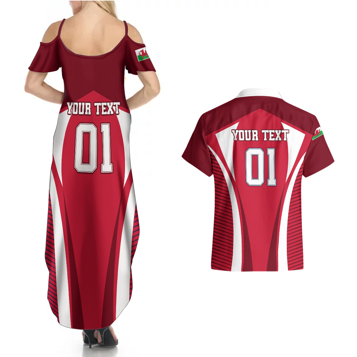 Custom Wales Rugby Couples Matching Summer Maxi Dress and Hawaiian Shirt Three Feathers Dragon 2023 World Cup - Wonder Print Shop