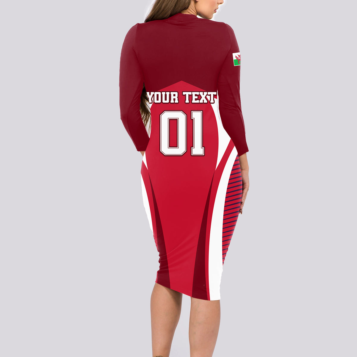 Custom Wales Rugby Long Sleeve Bodycon Dress Three Feathers Dragon 2023 World Cup - Wonder Print Shop