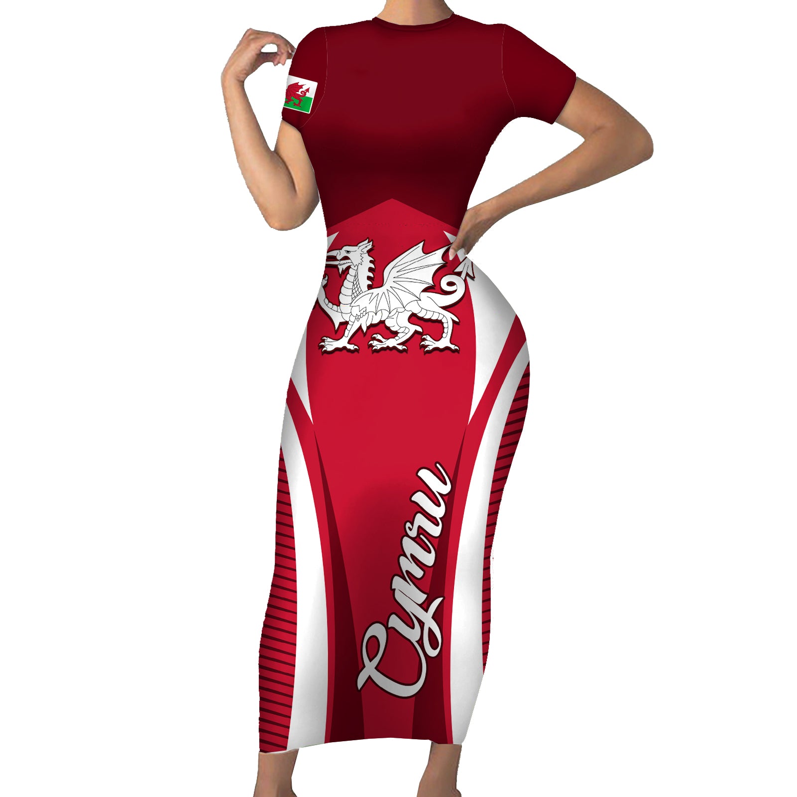 Custom Wales Rugby Short Sleeve Bodycon Dress Three Feathers Dragon 2023 World Cup - Wonder Print Shop