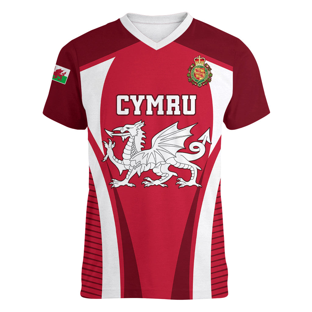 Custom Wales Rugby Women V Neck T Shirt Three Feathers Dragon 2023 World Cup - Wonder Print Shop