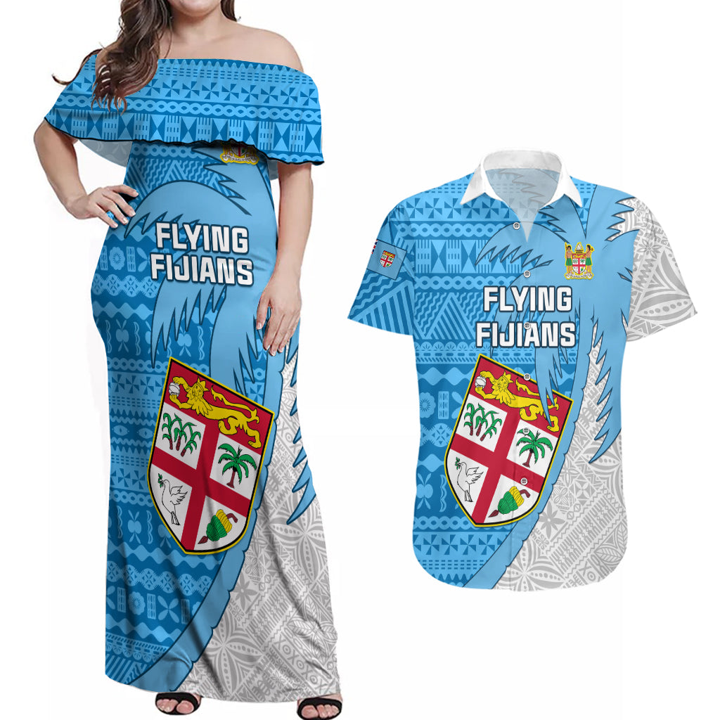 Fiji Rugby Couples Matching Off Shoulder Maxi Dress and Hawaiian Shirt Come On Fijian Tapa Pattern - Wonder Print Shop