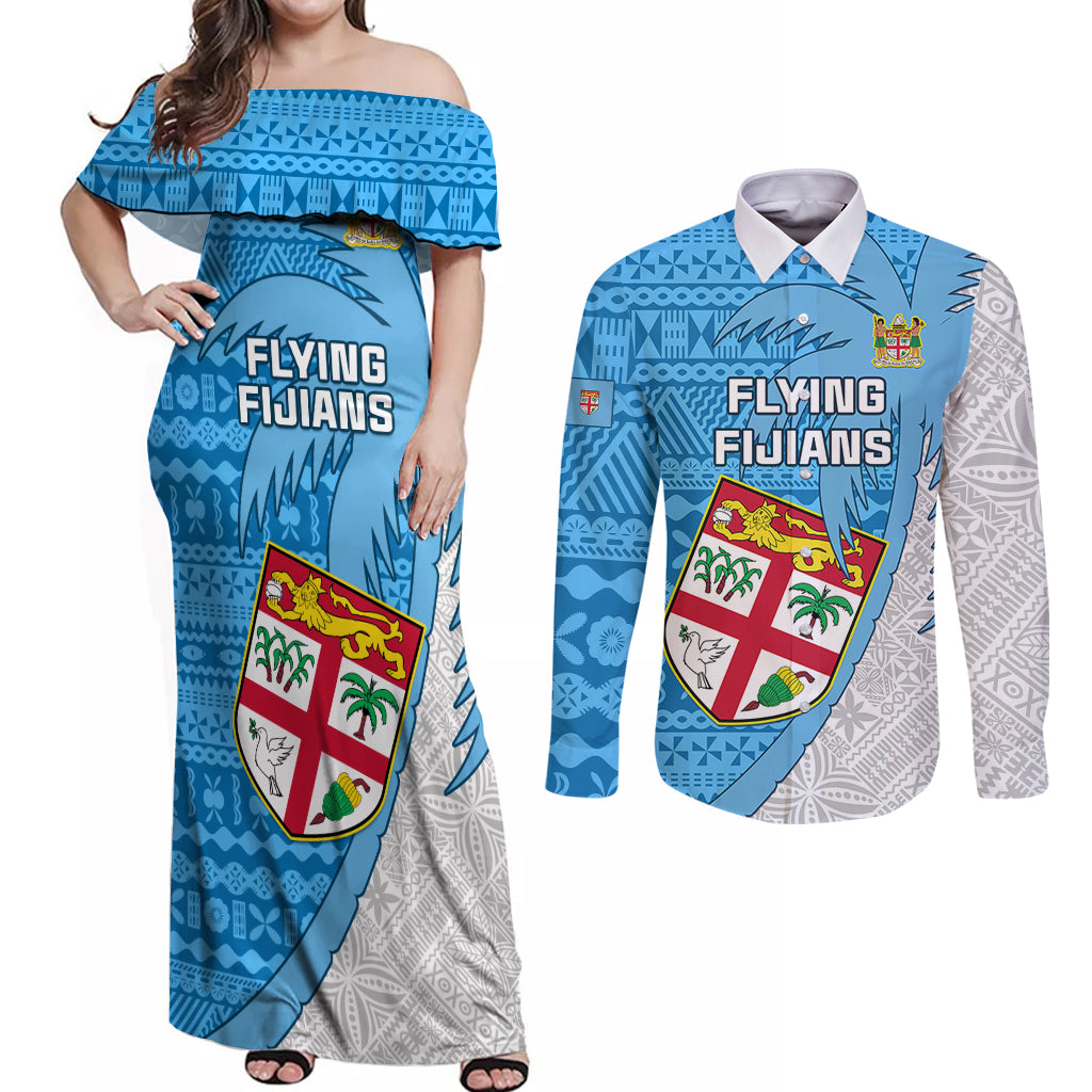 Fiji Rugby Couples Matching Off Shoulder Maxi Dress and Long Sleeve Button Shirts Come On Fijian Tapa Pattern - Wonder Print Shop