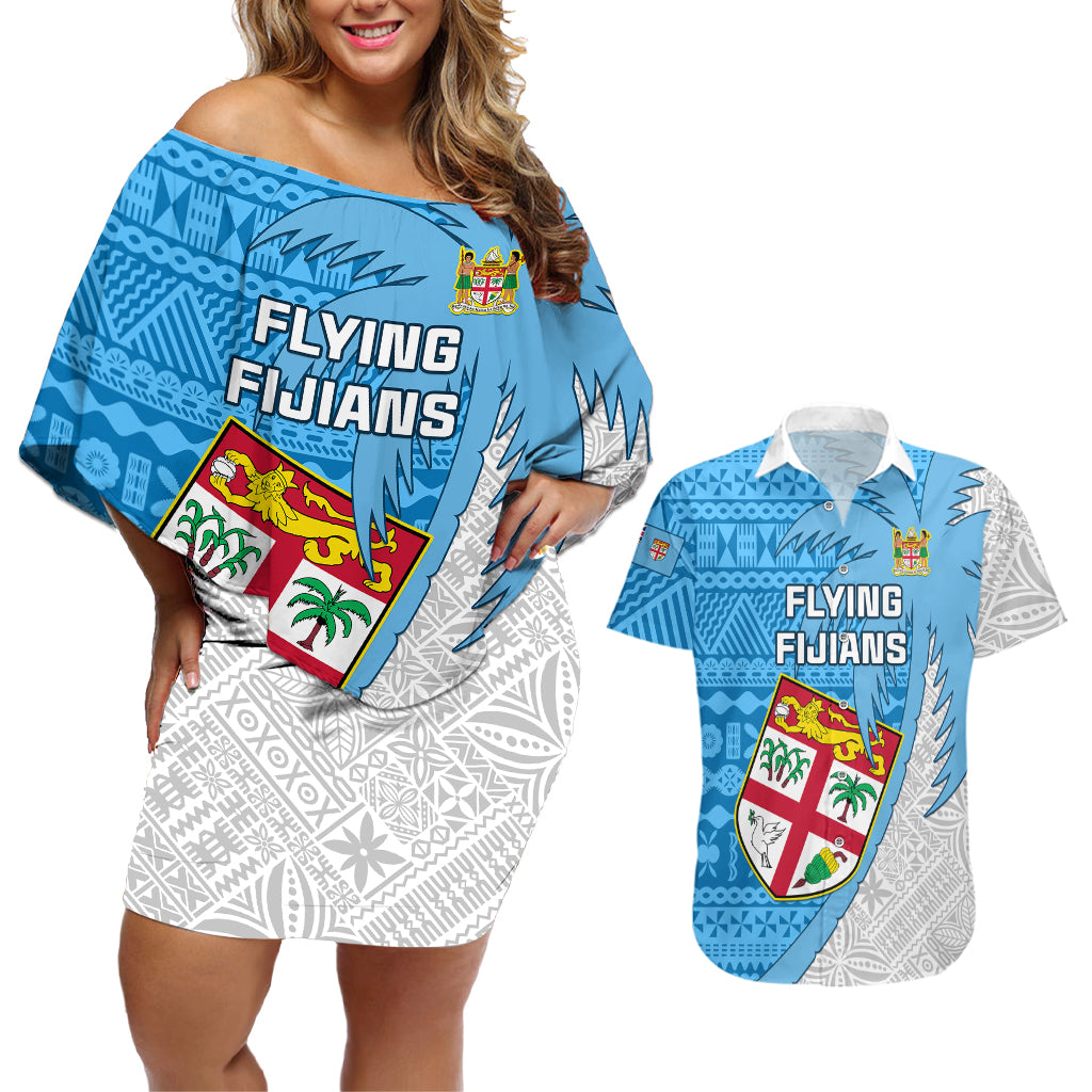Fiji Rugby Couples Matching Off Shoulder Short Dress and Hawaiian Shirt Come On Fijian Tapa Pattern - Wonder Print Shop