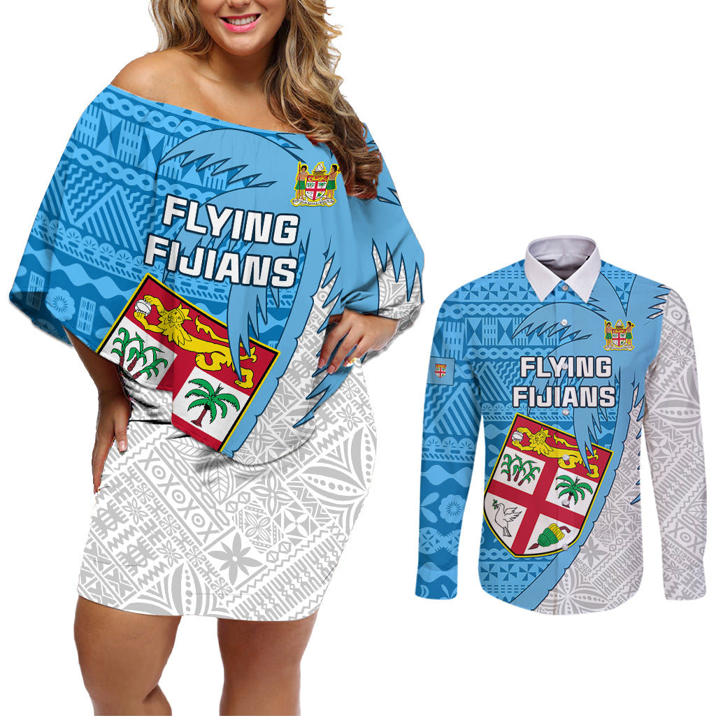 Fiji Rugby Couples Matching Off Shoulder Short Dress and Long Sleeve Button Shirts Come On Fijian Tapa Pattern - Wonder Print Shop