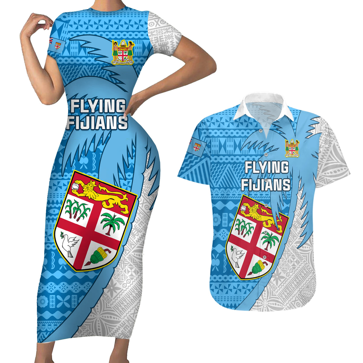 Fiji Rugby Couples Matching Short Sleeve Bodycon Dress and Hawaiian Shirt Come On Fijian Tapa Pattern - Wonder Print Shop