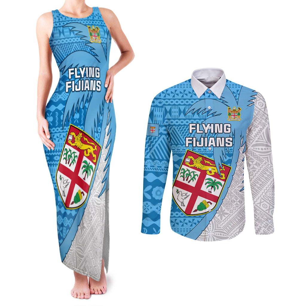 Fiji Rugby Couples Matching Tank Maxi Dress and Long Sleeve Button Shirts Come On Fijian Tapa Pattern - Wonder Print Shop