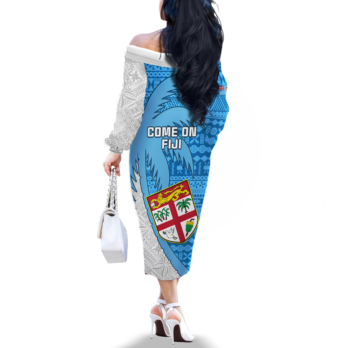 Fiji Rugby Off The Shoulder Long Sleeve Dress Come On Fijian Tapa Pattern - Wonder Print Shop