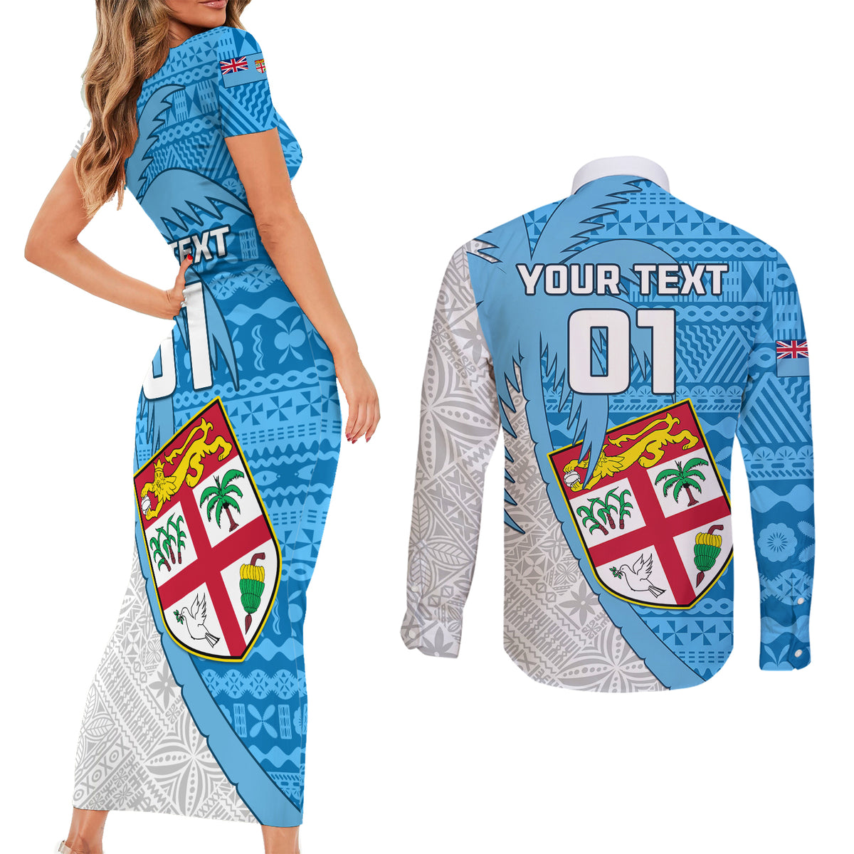 Custom Fiji Rugby Couples Matching Short Sleeve Bodycon Dress and Long Sleeve Button Shirts Come On Fijian Tapa Pattern - Wonder Print Shop