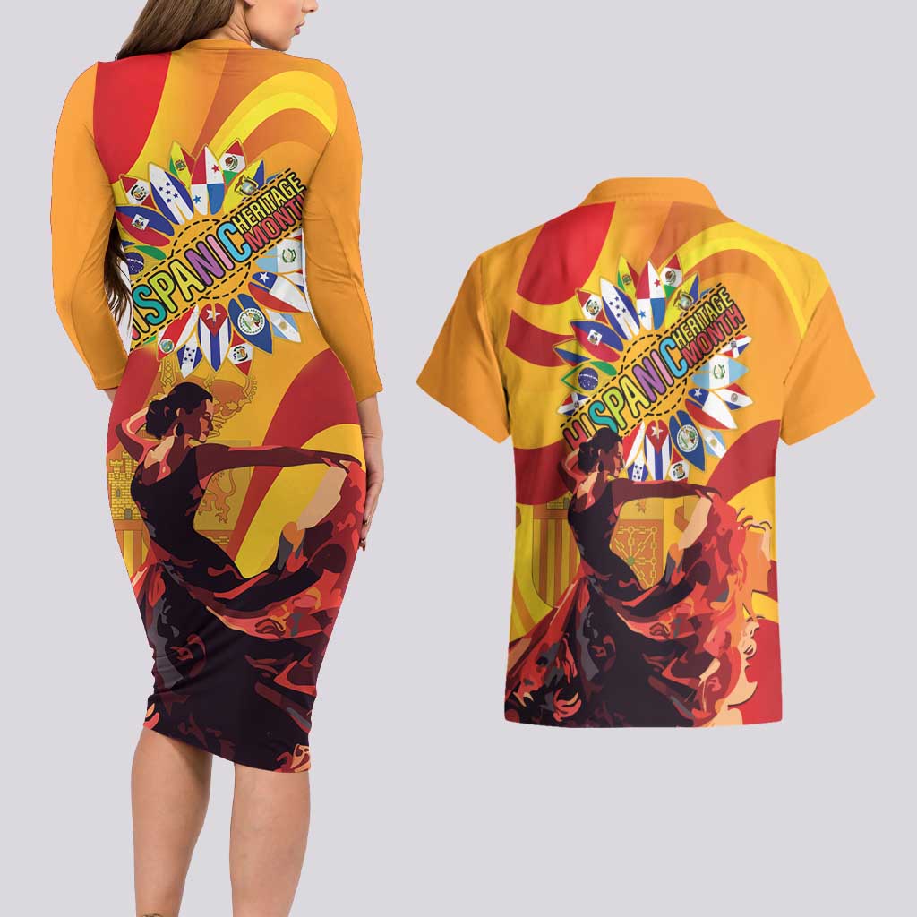 Hispanic Heritage Month Couples Matching Long Sleeve Bodycon Dress and Hawaiian Shirt Espana Flamenco - Wonder Print Shop