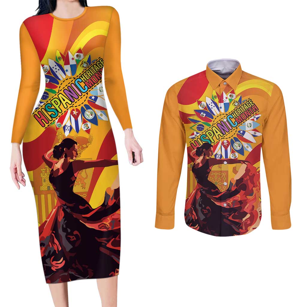 Hispanic Heritage Month Couples Matching Long Sleeve Bodycon Dress and Long Sleeve Button Shirt Espana Flamenco - Wonder Print Shop