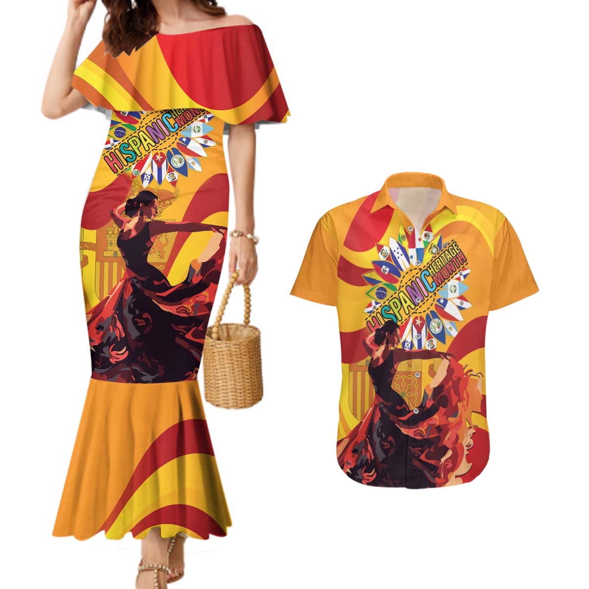 Hispanic Heritage Month Couples Matching Mermaid Dress and Hawaiian Shirt Espana Flamenco - Wonder Print Shop
