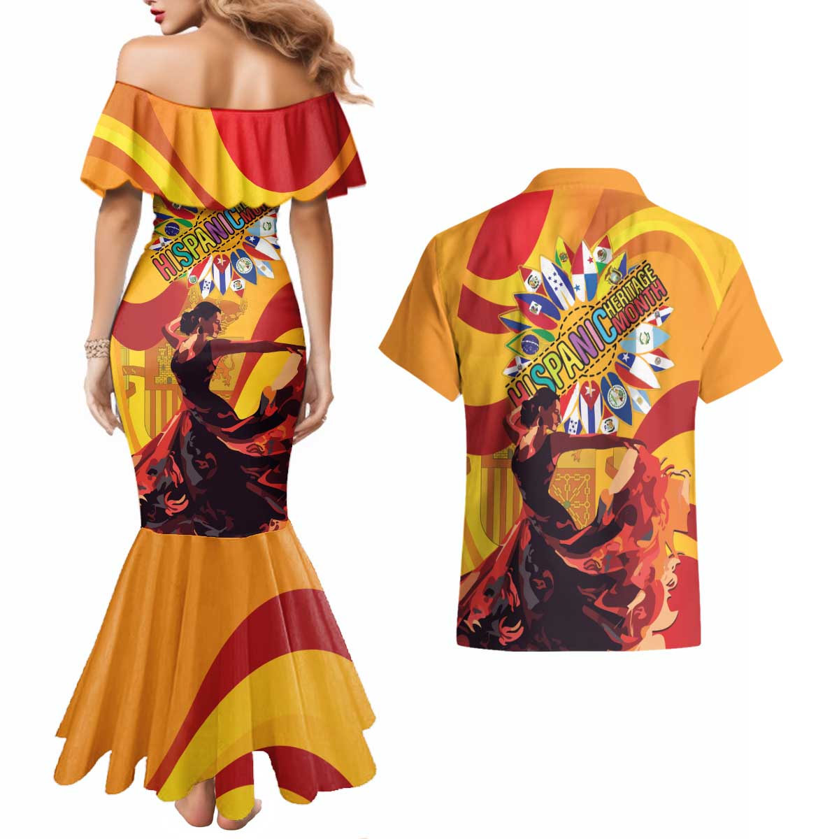 Hispanic Heritage Month Couples Matching Mermaid Dress and Hawaiian Shirt Espana Flamenco - Wonder Print Shop