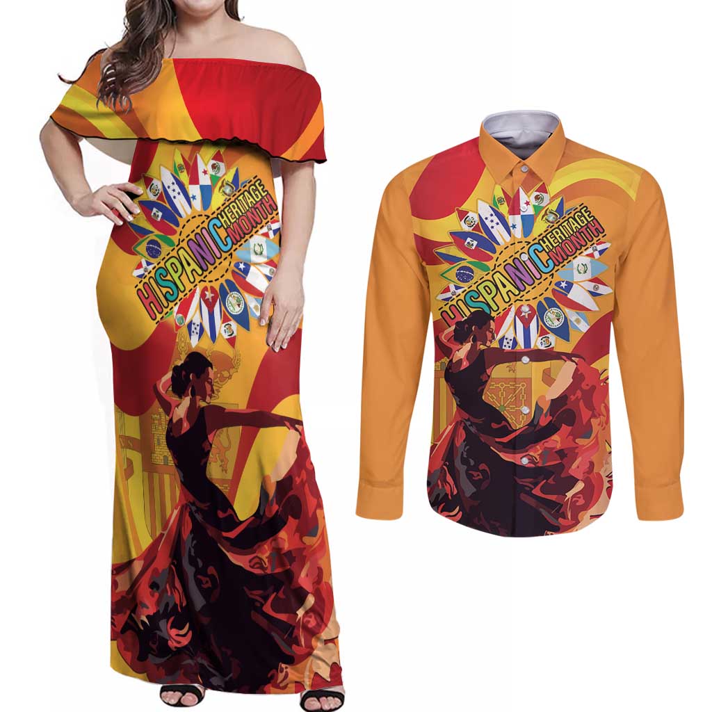 Hispanic Heritage Month Couples Matching Off Shoulder Maxi Dress and Long Sleeve Button Shirt Espana Flamenco - Wonder Print Shop