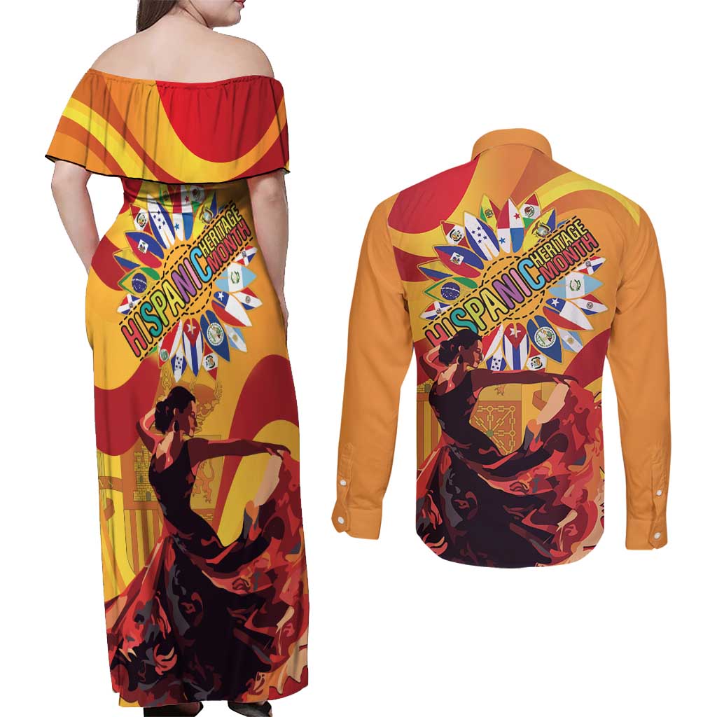 Hispanic Heritage Month Couples Matching Off Shoulder Maxi Dress and Long Sleeve Button Shirt Espana Flamenco - Wonder Print Shop