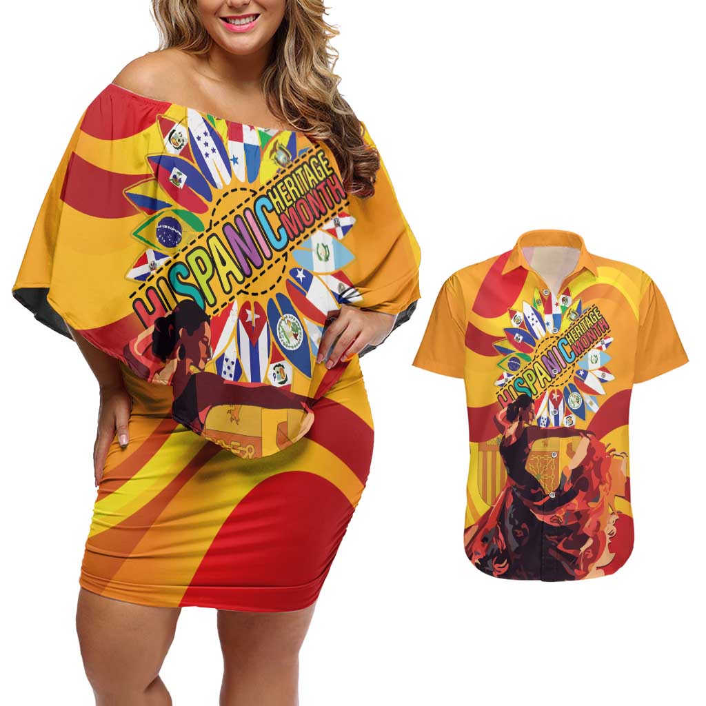 Hispanic Heritage Month Couples Matching Off Shoulder Short Dress and Hawaiian Shirt Espana Flamenco - Wonder Print Shop