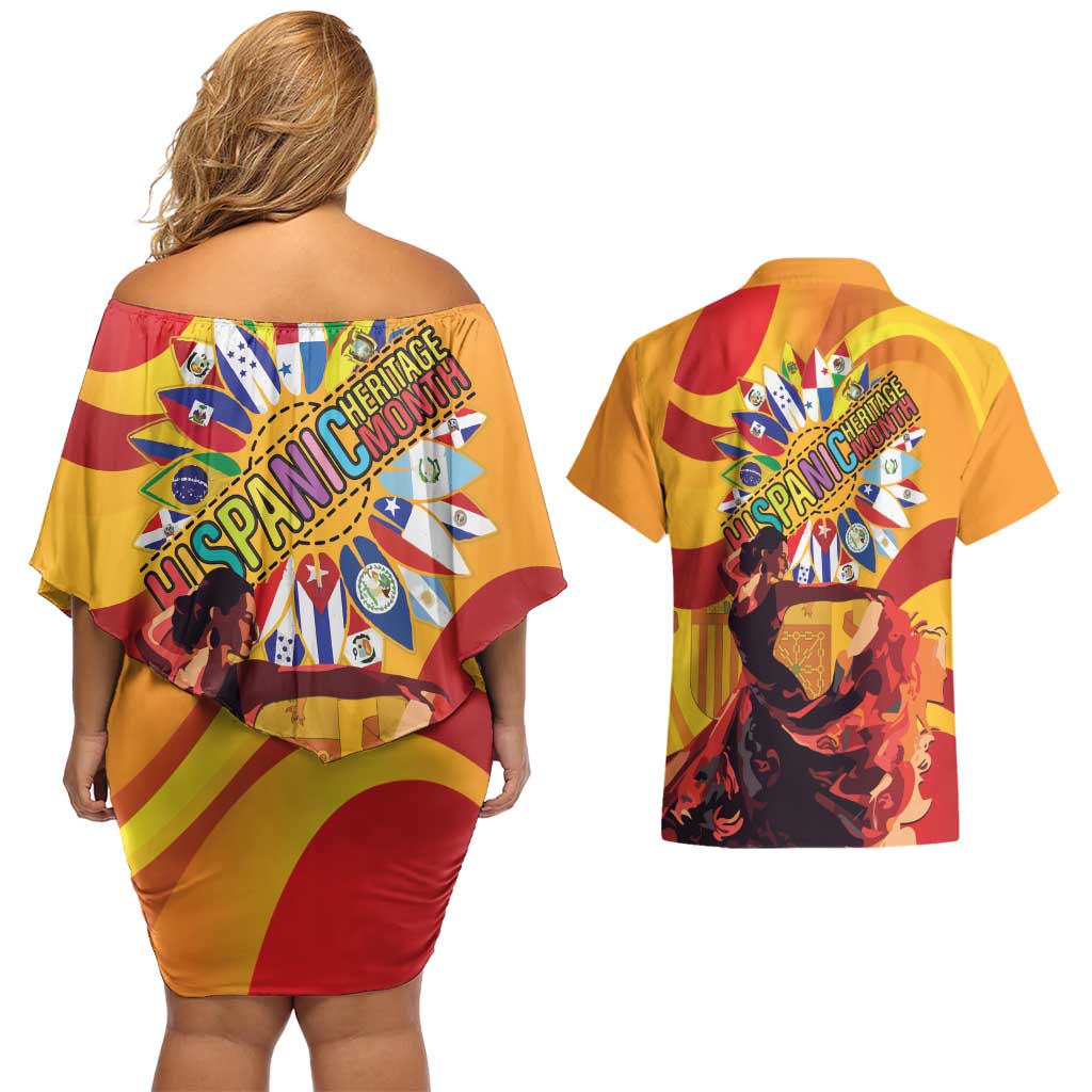 Hispanic Heritage Month Couples Matching Off Shoulder Short Dress and Hawaiian Shirt Espana Flamenco - Wonder Print Shop