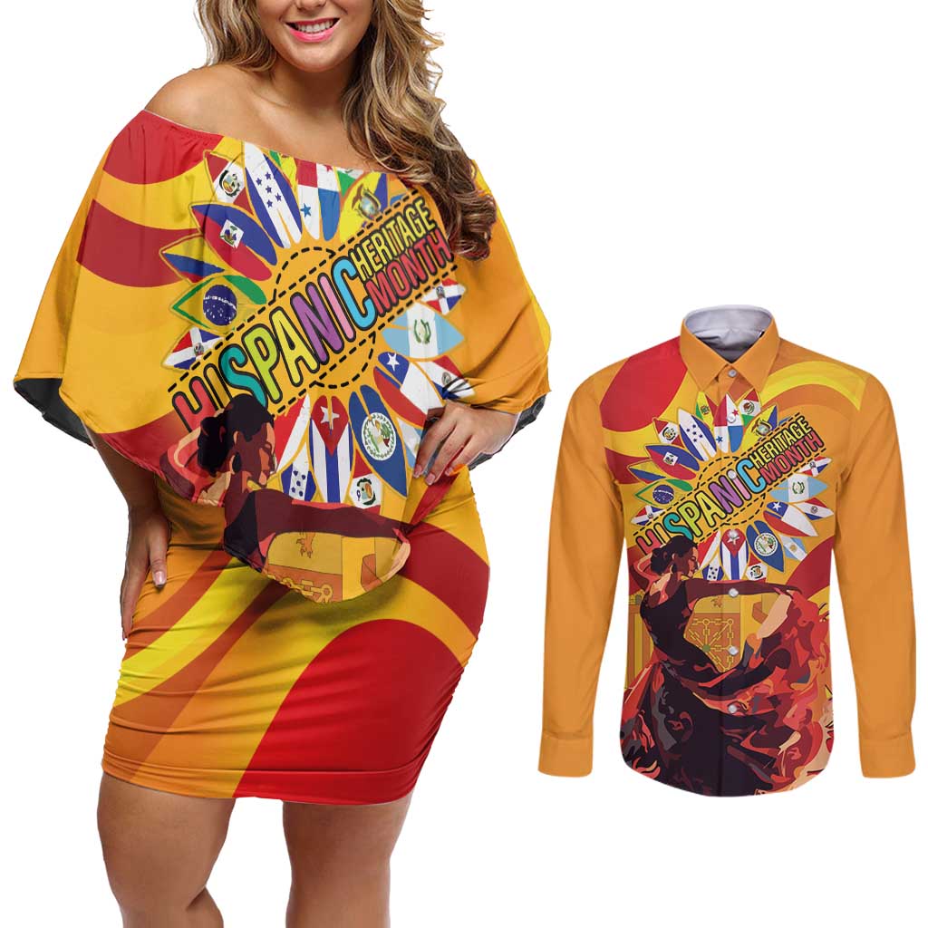 Hispanic Heritage Month Couples Matching Off Shoulder Short Dress and Long Sleeve Button Shirt Espana Flamenco - Wonder Print Shop