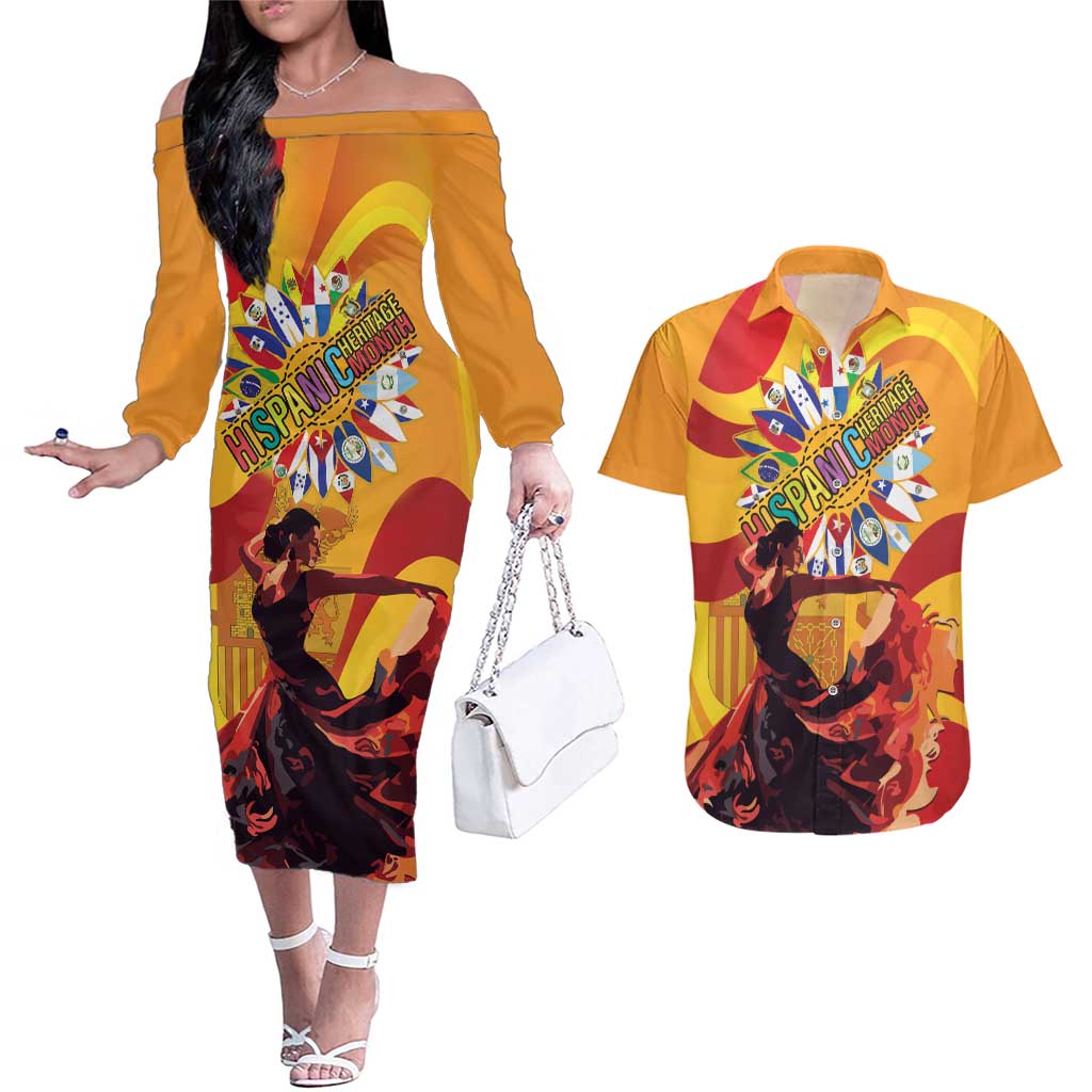 Hispanic Heritage Month Couples Matching Off The Shoulder Long Sleeve Dress and Hawaiian Shirt Espana Flamenco - Wonder Print Shop