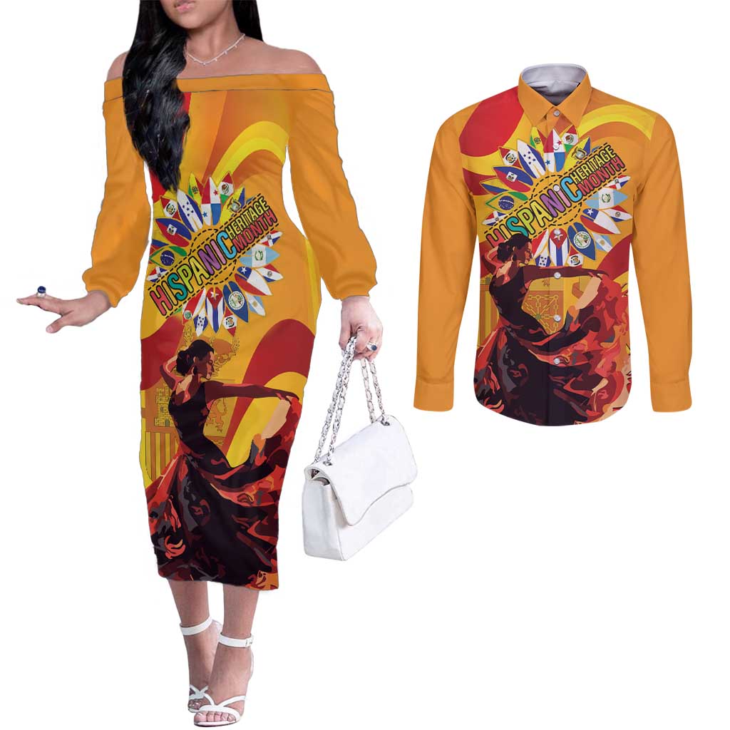 Hispanic Heritage Month Couples Matching Off The Shoulder Long Sleeve Dress and Long Sleeve Button Shirt Espana Flamenco