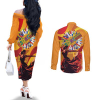 Hispanic Heritage Month Couples Matching Off The Shoulder Long Sleeve Dress and Long Sleeve Button Shirt Espana Flamenco