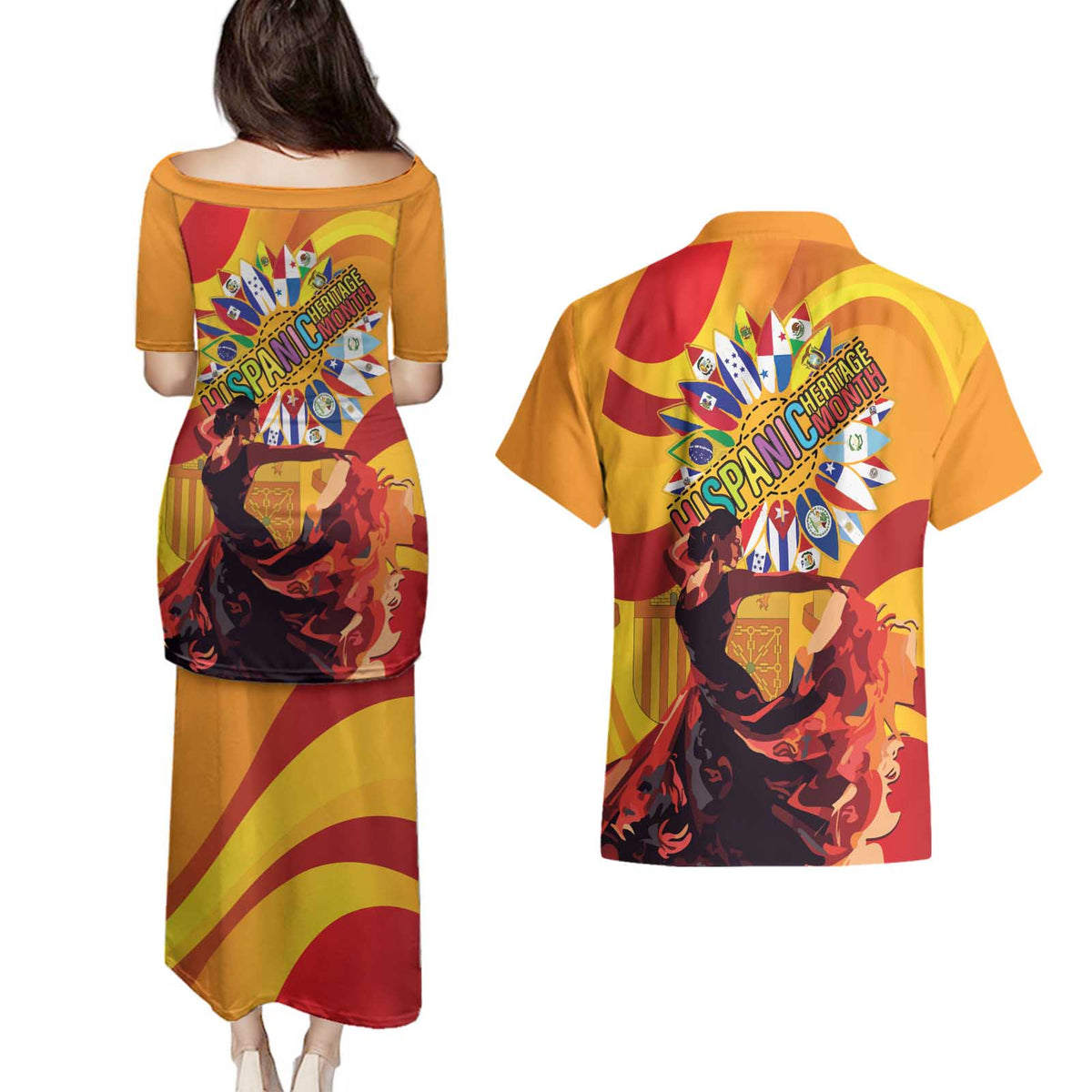 Hispanic Heritage Month Couples Matching Puletasi and Hawaiian Shirt Espana Flamenco - Wonder Print Shop