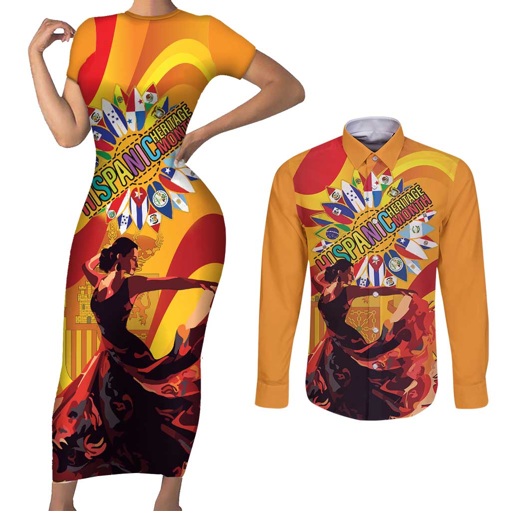 Hispanic Heritage Month Couples Matching Short Sleeve Bodycon Dress and Long Sleeve Button Shirt Espana Flamenco - Wonder Print Shop