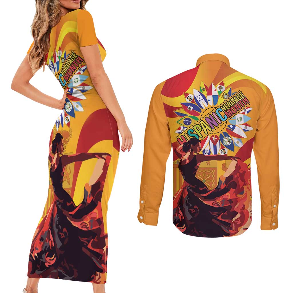 Hispanic Heritage Month Couples Matching Short Sleeve Bodycon Dress and Long Sleeve Button Shirt Espana Flamenco - Wonder Print Shop