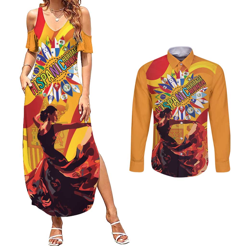 Hispanic Heritage Month Couples Matching Summer Maxi Dress and Long Sleeve Button Shirt Espana Flamenco - Wonder Print Shop