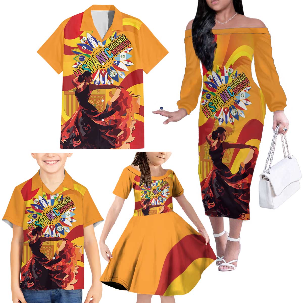 Hispanic Heritage Month Family Matching Off The Shoulder Long Sleeve Dress and Hawaiian Shirt Espana Flamenco - Wonder Print Shop