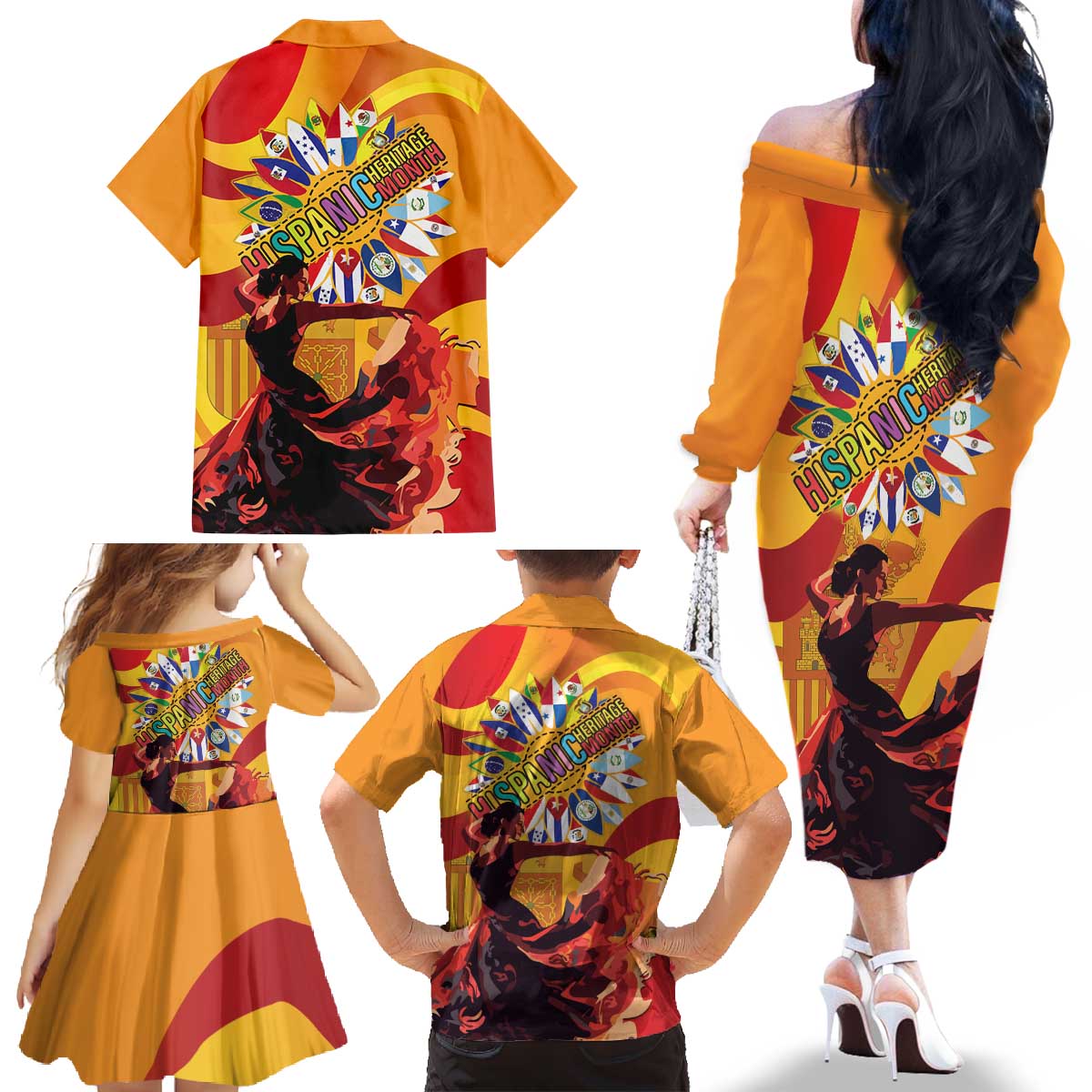 Hispanic Heritage Month Family Matching Off The Shoulder Long Sleeve Dress and Hawaiian Shirt Espana Flamenco - Wonder Print Shop