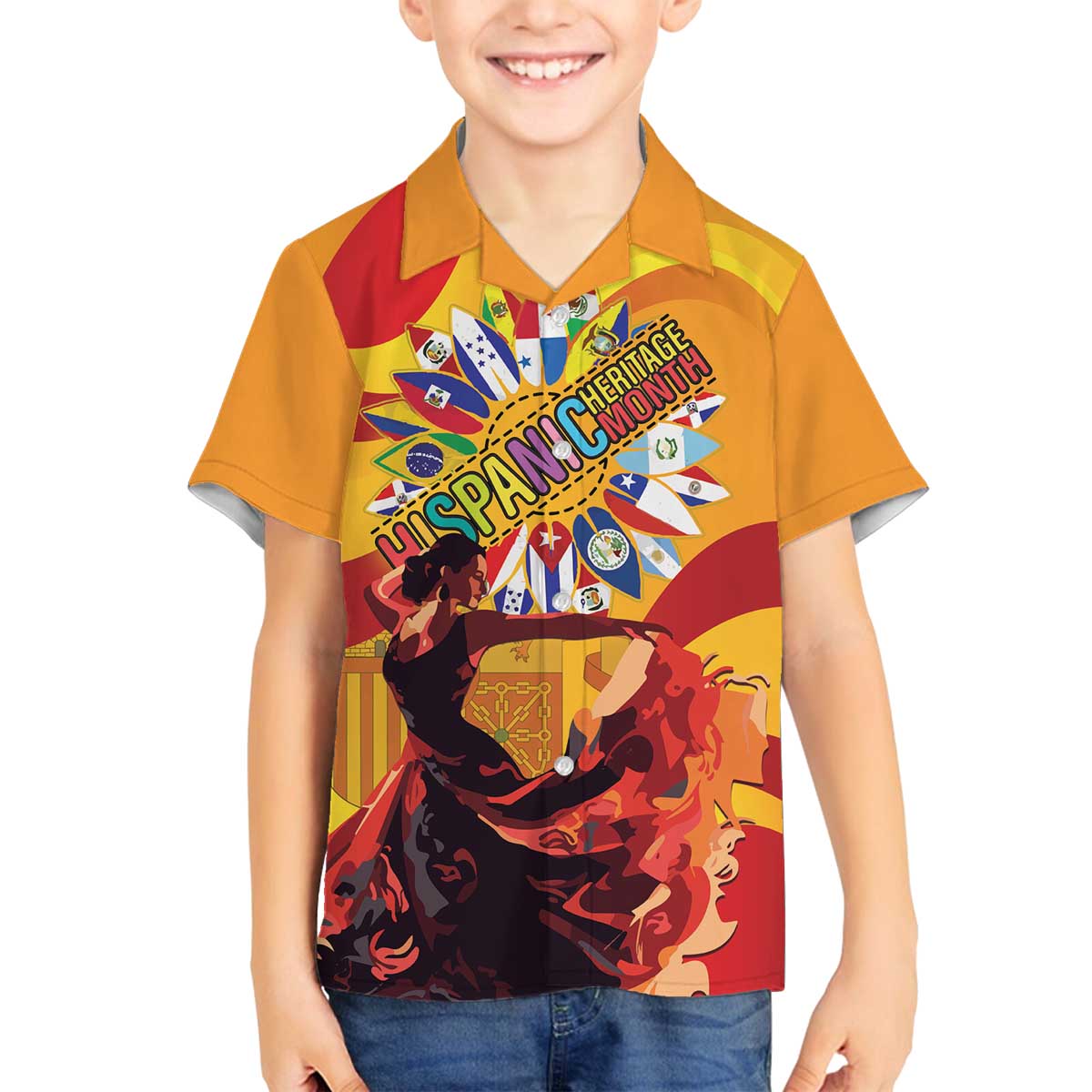 Hispanic Heritage Month Family Matching Off The Shoulder Long Sleeve Dress and Hawaiian Shirt Espana Flamenco - Wonder Print Shop