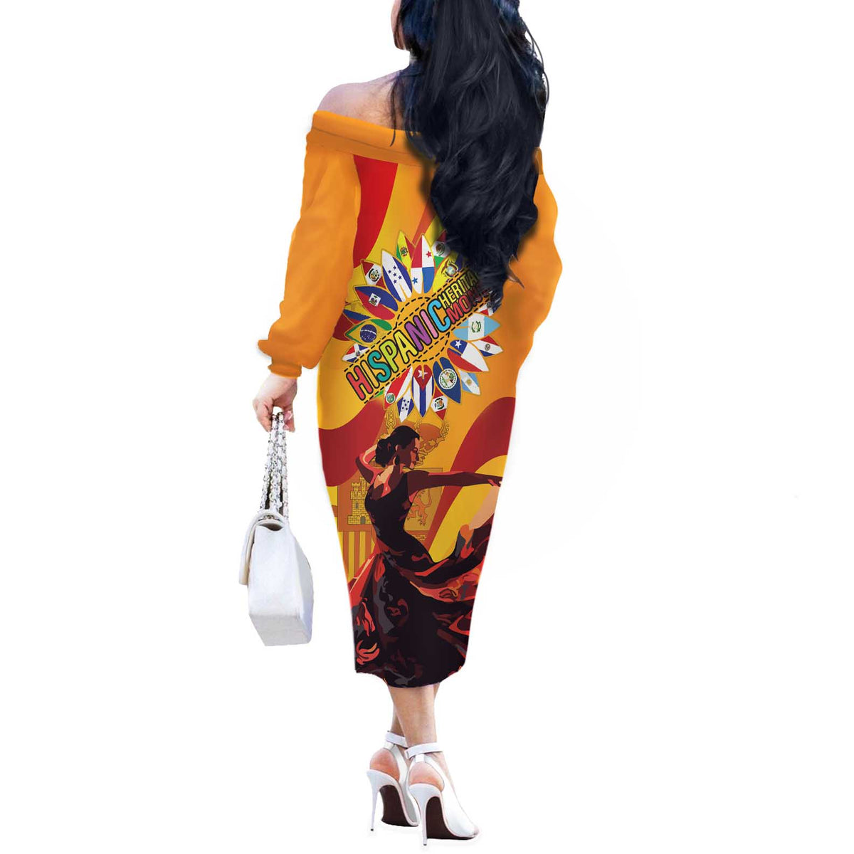 Hispanic Heritage Month Off The Shoulder Long Sleeve Dress Espana Flamenco - Wonder Print Shop