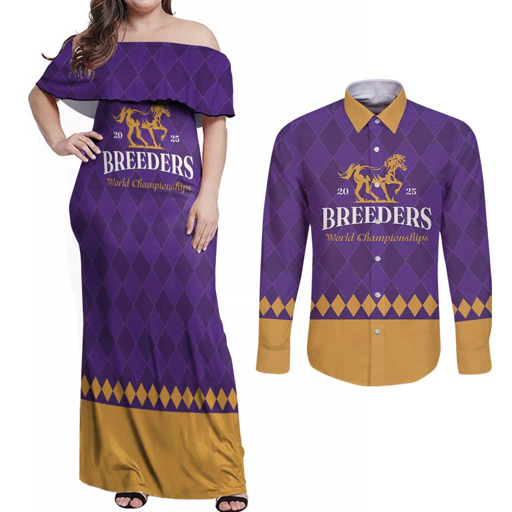 Personalized Breeders Horse Racing 2025 Couples Matching Off Shoulder Maxi Dress and Long Sleeve Button Shirt Del Mar Awaits - Wonder Print Shop