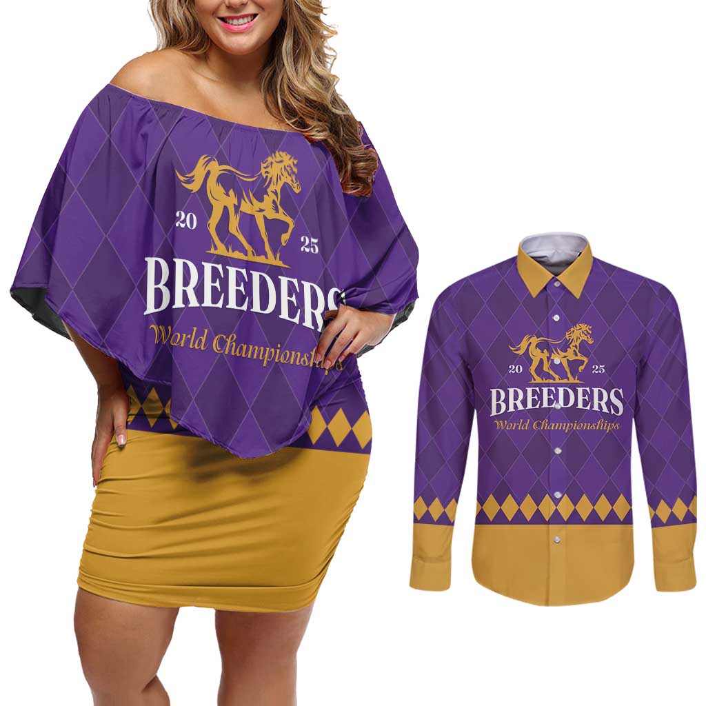Personalized Breeders Horse Racing 2025 Couples Matching Off Shoulder Short Dress and Long Sleeve Button Shirt Del Mar Awaits - Wonder Print Shop