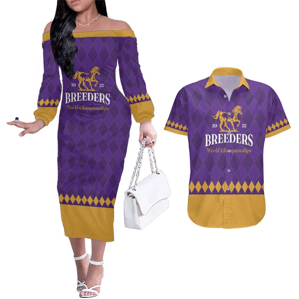 Personalized Breeders Horse Racing 2025 Couples Matching Off The Shoulder Long Sleeve Dress and Hawaiian Shirt Del Mar Awaits - Wonder Print Shop