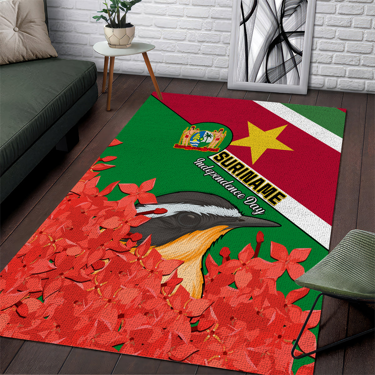 personalised-suriname-independence-day-area-rug-lesser-kiskadee-with-scarlet-jungle-flame-flower