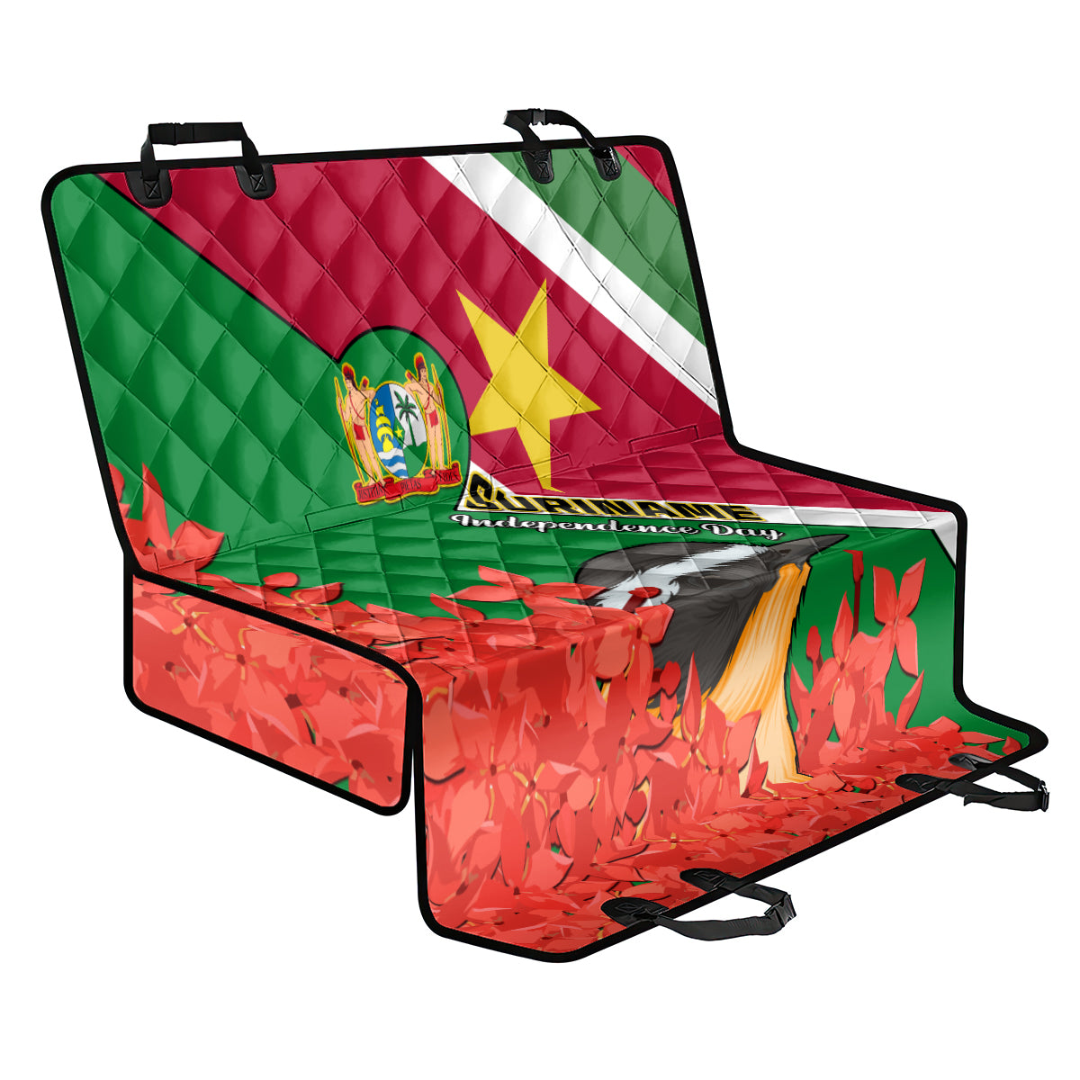personalised-suriname-independence-day-back-car-seat-cover-lesser-kiskadee-with-scarlet-jungle-flame-flower