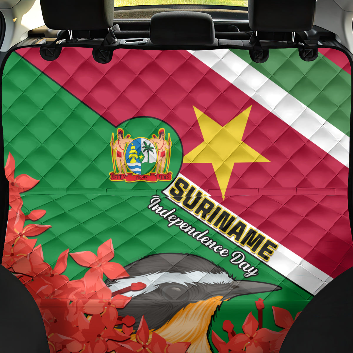 Suriname Independence Day Back Car Seat Cover Lesser Kiskadee With Scarlet Jungle Flame Flower - Wonder Print Shop