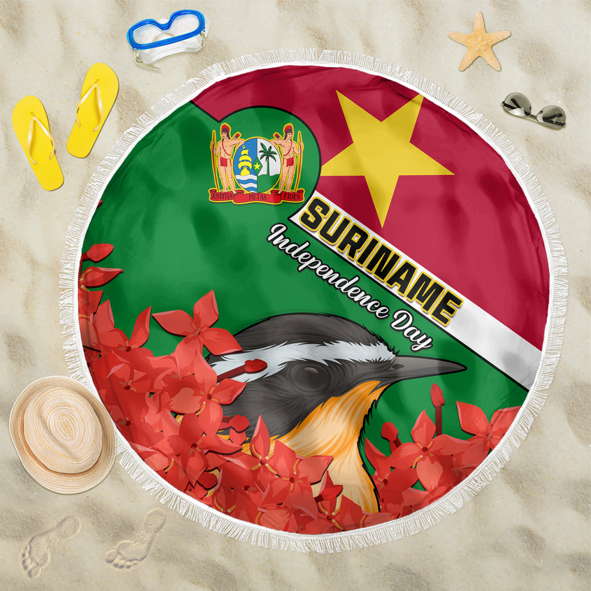 personalised-suriname-independence-day-beach-blanket-lesser-kiskadee-with-scarlet-jungle-flame-flower