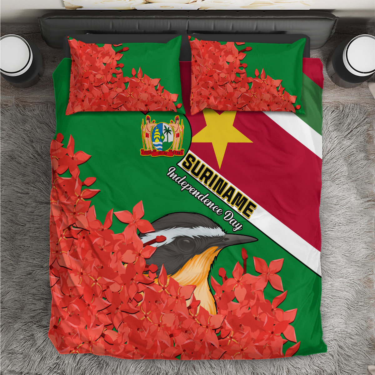 personalised-suriname-independence-day-bedding-set-lesser-kiskadee-with-scarlet-jungle-flame-flower