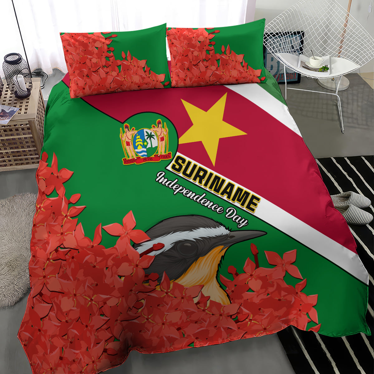 Suriname Independence Day Bedding Set Lesser Kiskadee With Scarlet Jungle Flame Flower - Wonder Print Shop